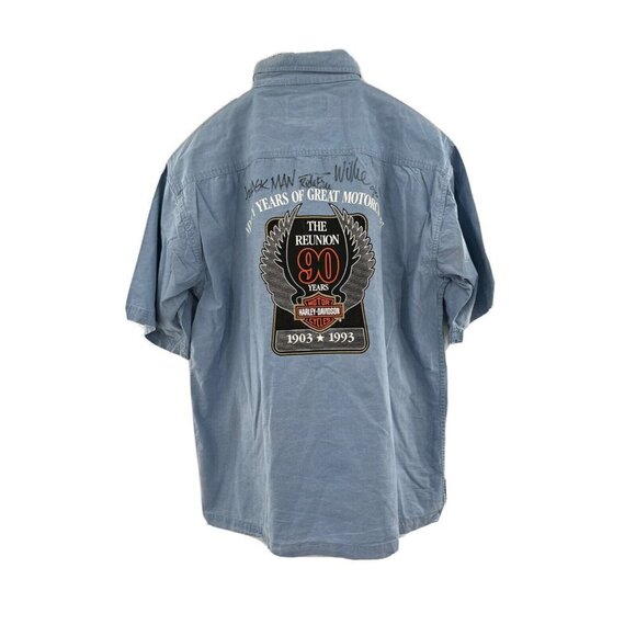 Harley‎ Davidson 90th Anniversary Reunion Chambray Shirt XL AUTOGRAPHED Blue - Picture 2 of 8